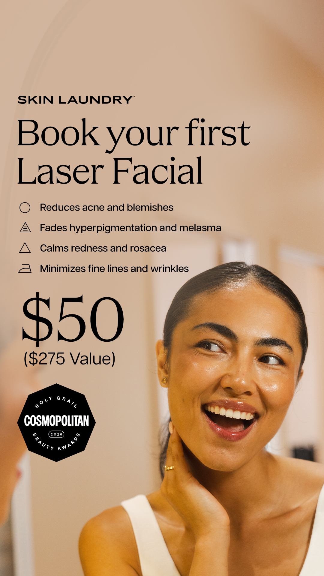 Skin Laundry Facebook ad: First Laser Facial $50 ($275 Value)