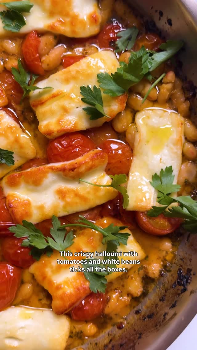 NYT Cooking Facebook ad: Crispy halloumi, juicy cherry tomatoes with white beans…