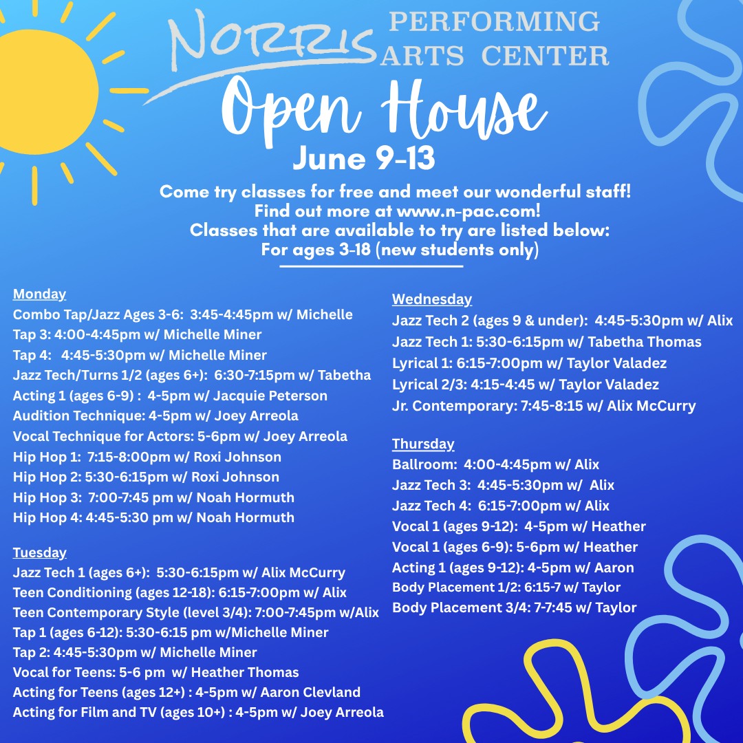 N-PAC Norris Performing Arts Center Facebook ad: Next week! Dance, sign and act with us!