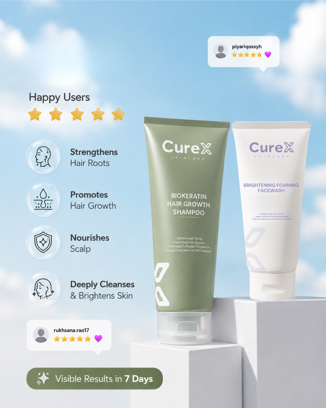 Curex Skincare Facebook ad: Happy Users, 5-Star Reviews.