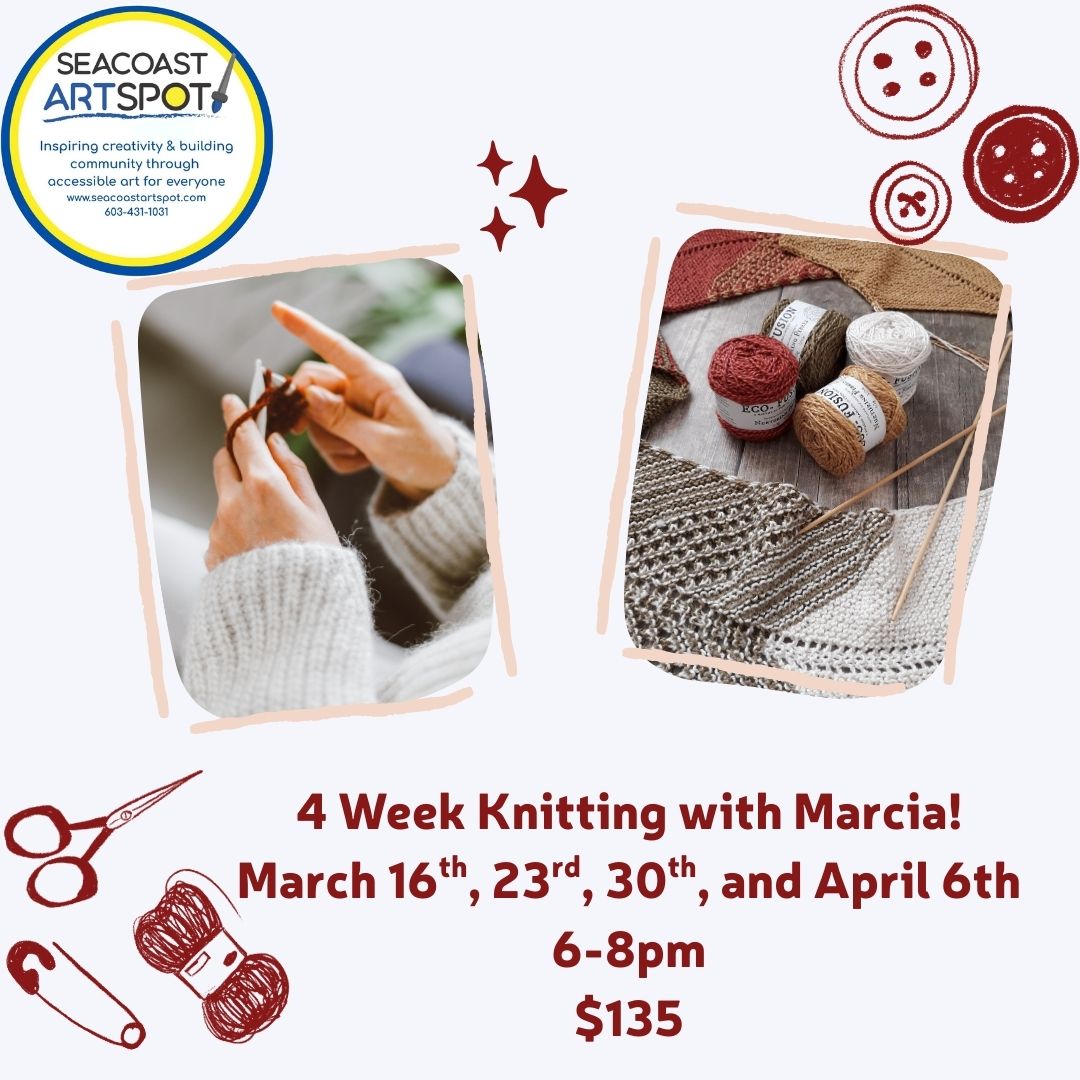 Seacoast ArtSpot Facebook ad: Learn to Knit with Marcia 4 weeks $135