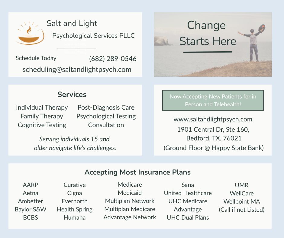 Salt and Light Psychological Services PLLC Facebook ad: Discover compassionate care at Salt and Light Psychological…