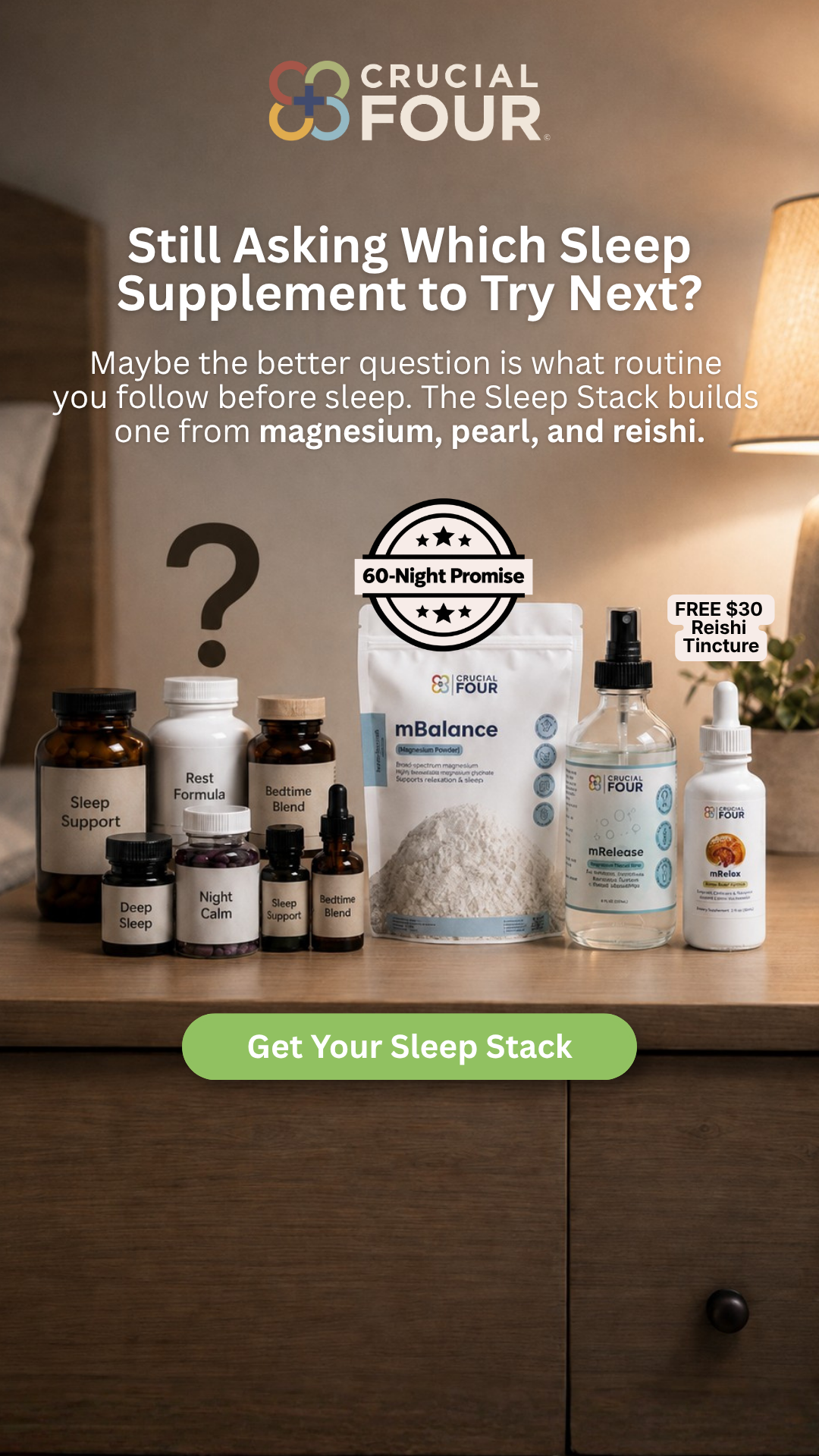 Crucial FOUR Facebook ad: Melatonin Signals Sleep. Magnesium Relaxes Muscles.