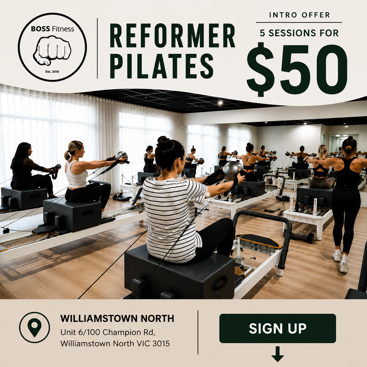 BOSS Fitness Female Studio Facebook ad: Bored Of The Same Old Pilates?