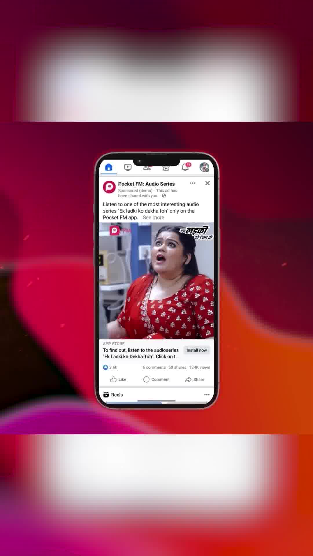 Pocket FM - India Facebook ad: To find out, listen to the audioseries Ek ladki ko dekha…