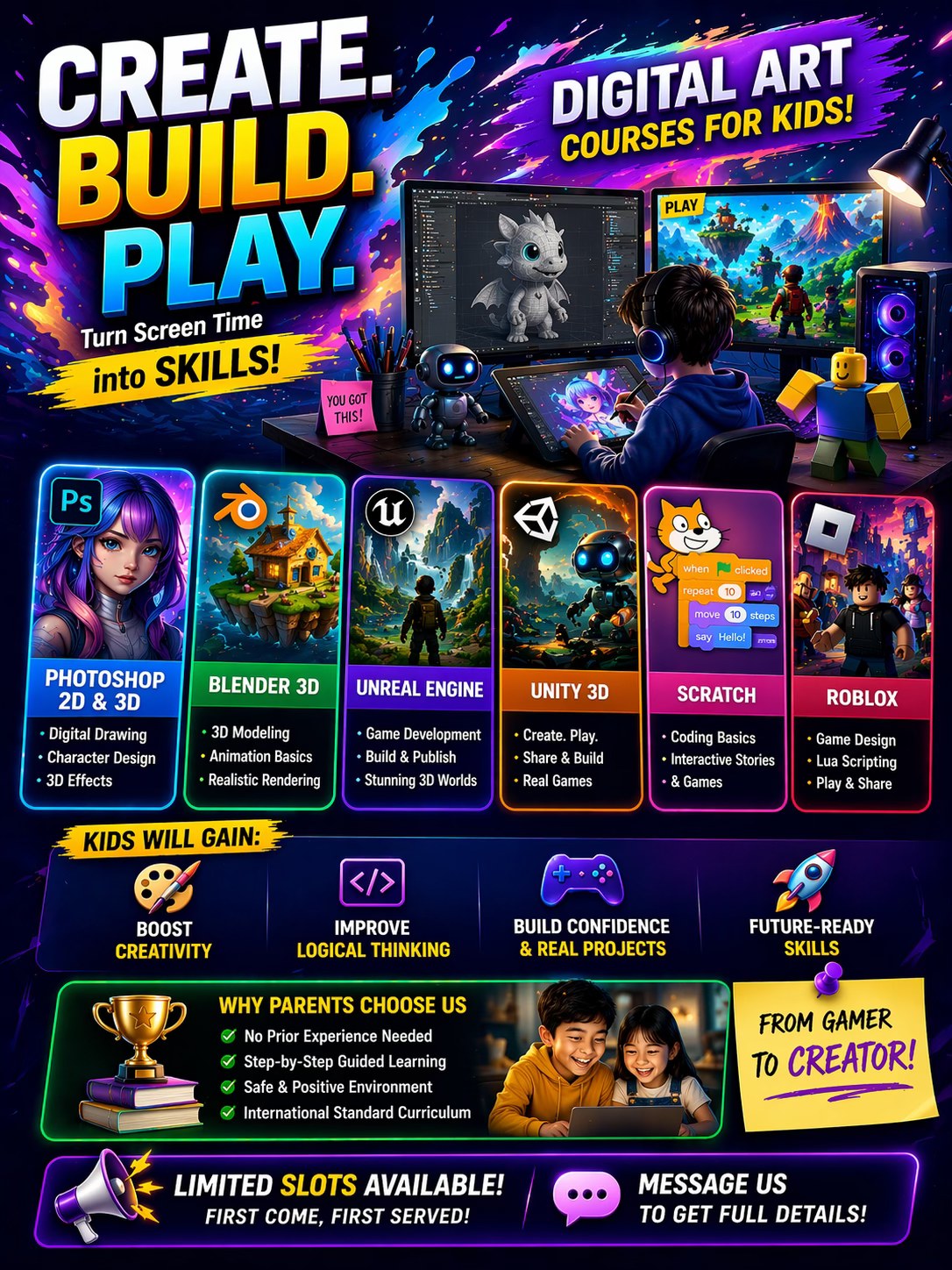 Super Coder School Facebook ad: Want to keep your kids from getting addicted…