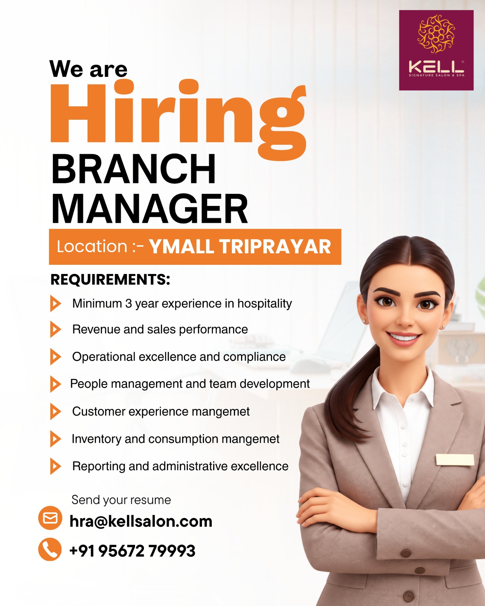 Kell Salon And Spa Facebook ad: Apply for Branch Manager, Thriprayar