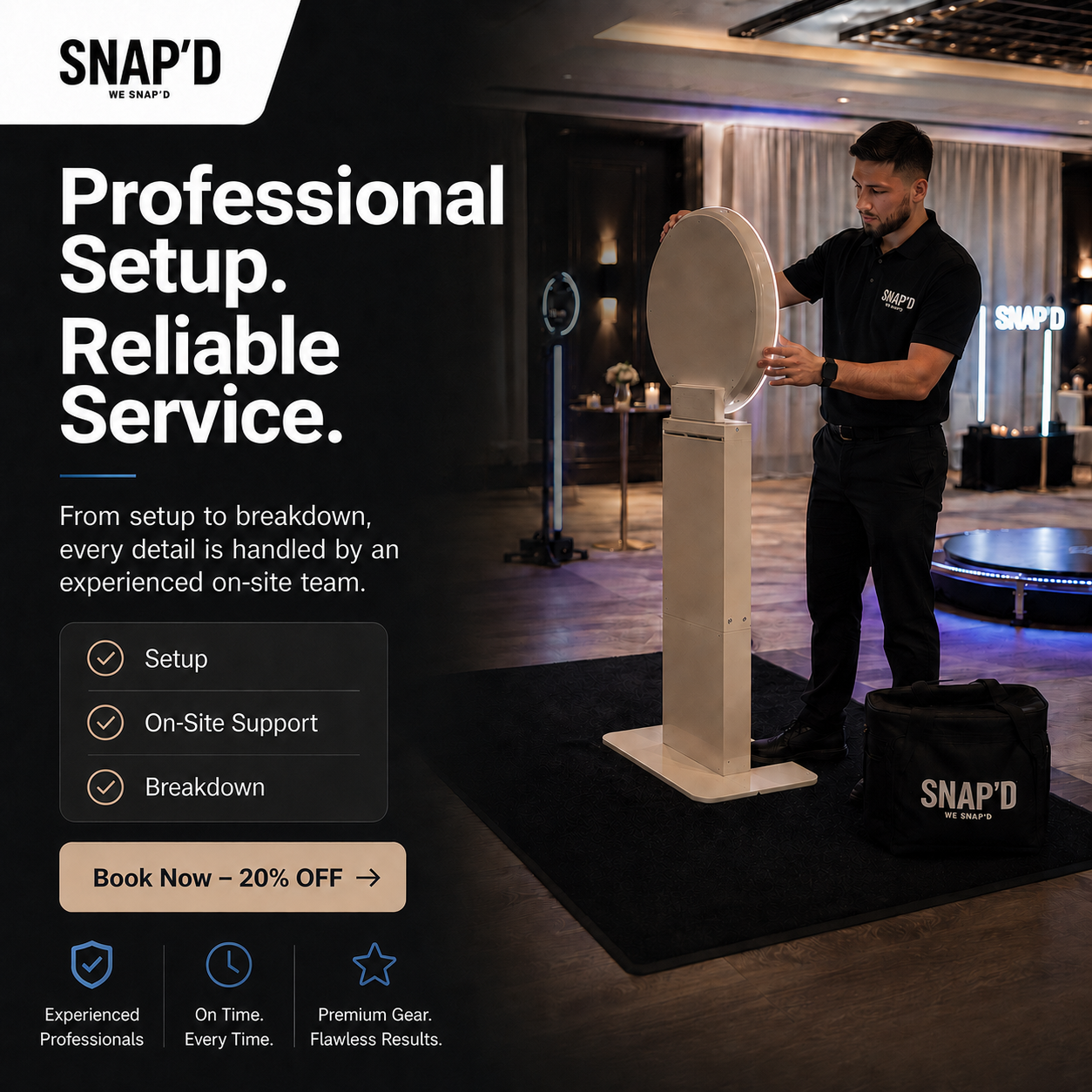 Snap’d - Photo-Booth Rental Facebook ad: Book This Week, Save 20%