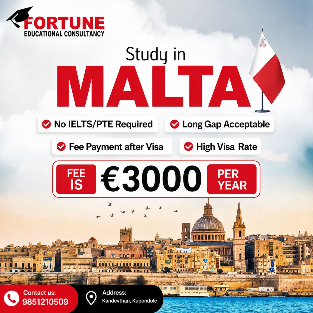 Fortune Educational Consultancy Facebook ad: Study in Malta, Schengen without IELTS!