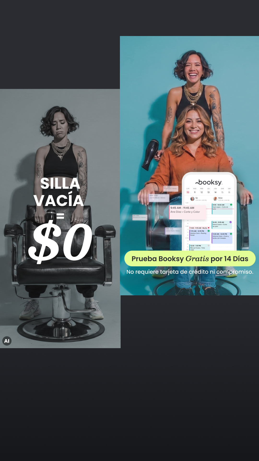 Booksy Facebook ad: Prueba Booksy GRATIS por 14 días.