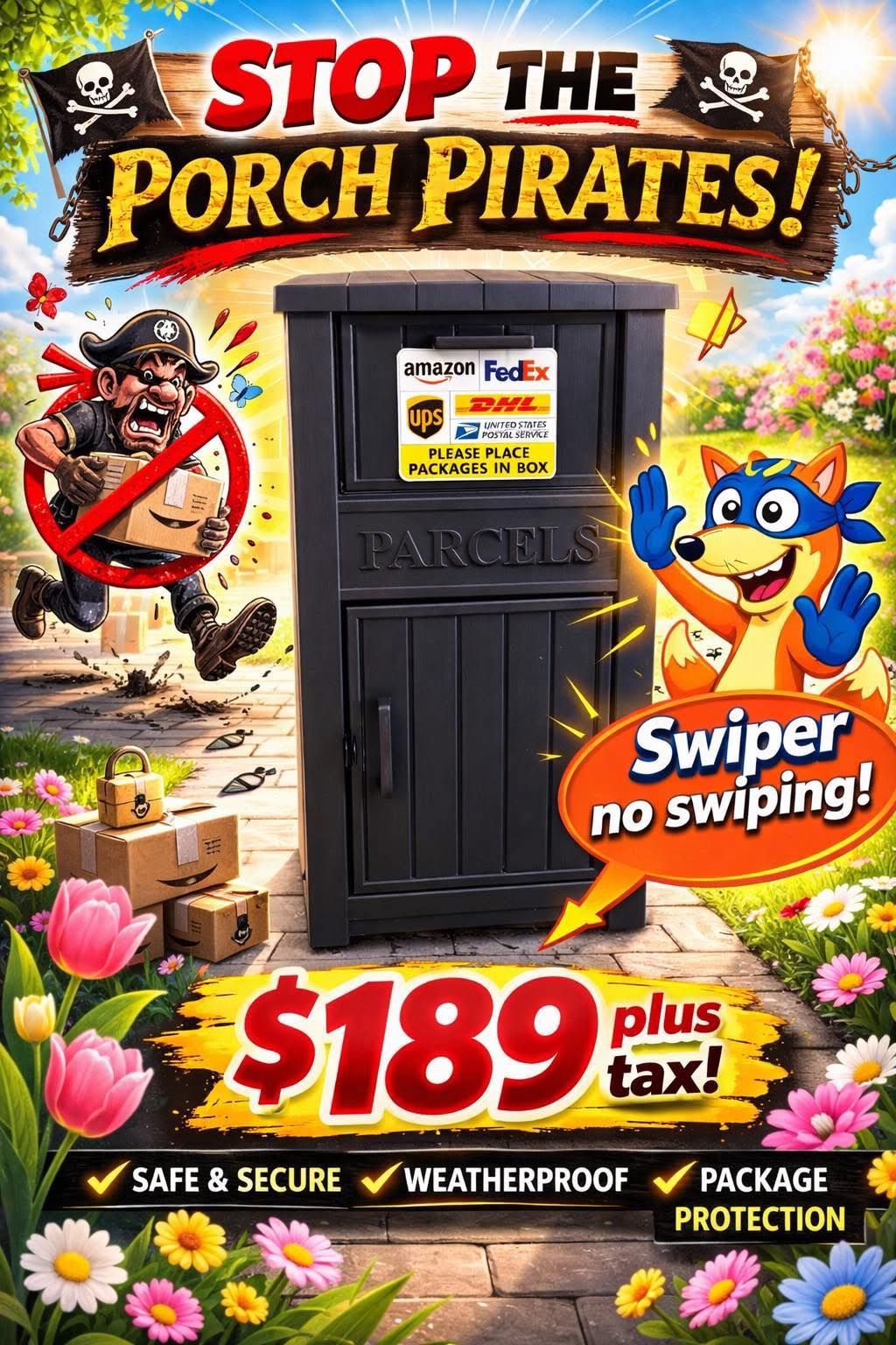 Tex Shed Facebook ad: ATTENTION Stop Porch Pirates in their tracks!