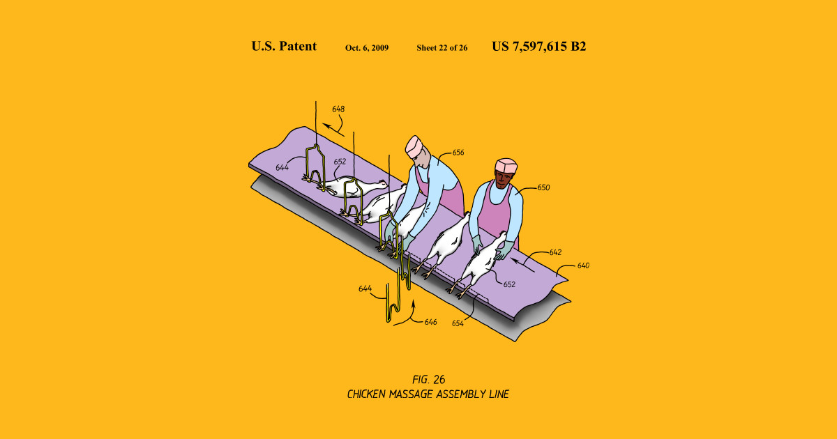 Unreverent Facebook ad: Chicken Massage Assembly Line - Light by unreverent