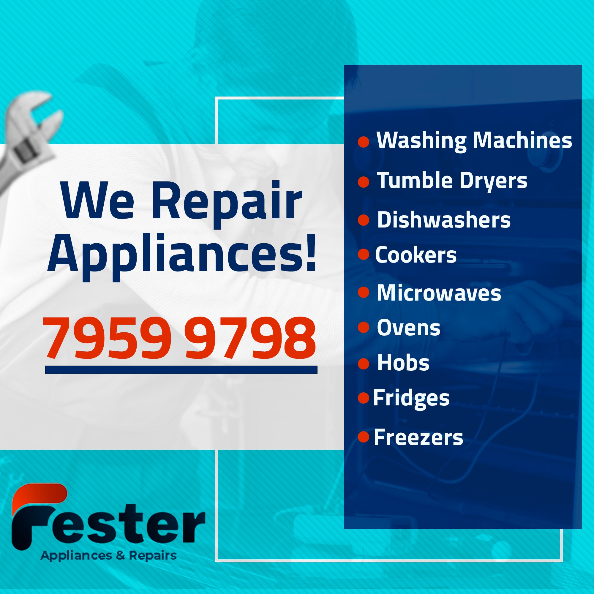 Fester Appliances & Home Services Facebook ad: No Warranty? No Problem!