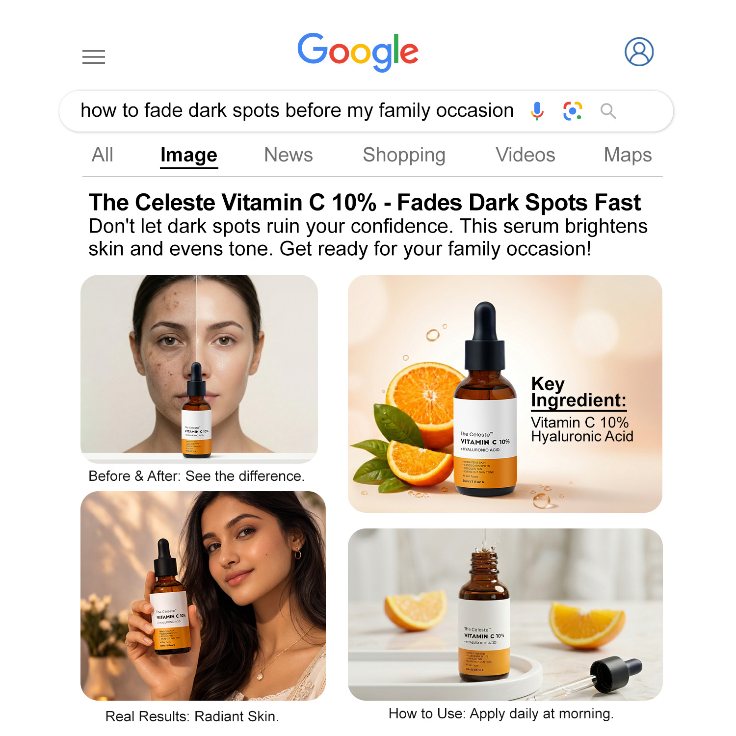 The Celeste Facebook ad: A Few Drops for Brighter Skin
