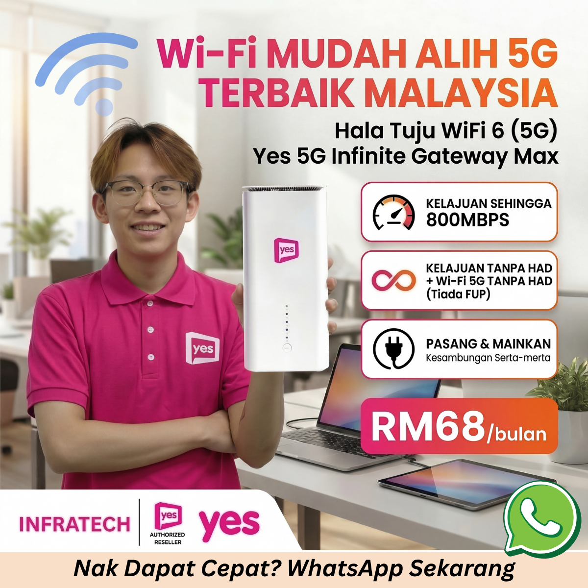 YES 5G by Infratech - Authorized Reseller Facebook ad: WiFi Unlimited RM68/bulan je!