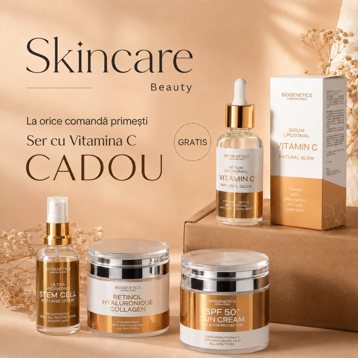 Biogenetics Skincare Facebook ad: Rutina ta de skincare începe cu ingredientele potrivite.