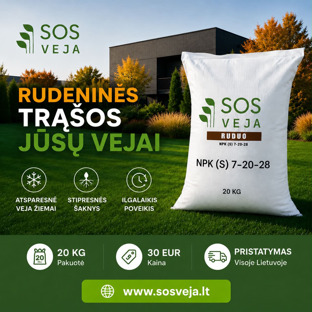 Sosveja.lt Facebook ad: Rudeninės Trąšos Vejai | Paruoškite Veją Žiemai, Sosveja.lt