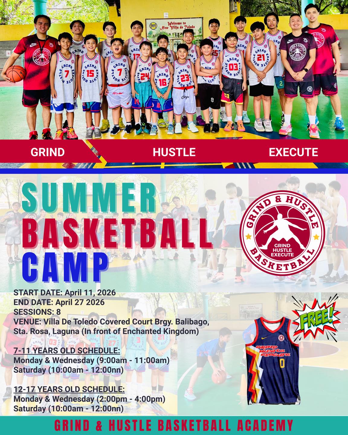 Grind & Hustle Basketball Academy Facebook ad: THIS SUMMER, LET YOUR KIDS GRIND, HUSTLE AND…