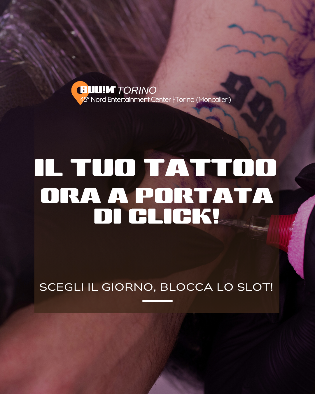 Buum Tattoo Torino Facebook ad: APERTI 7/7, FINO ALLE 22!