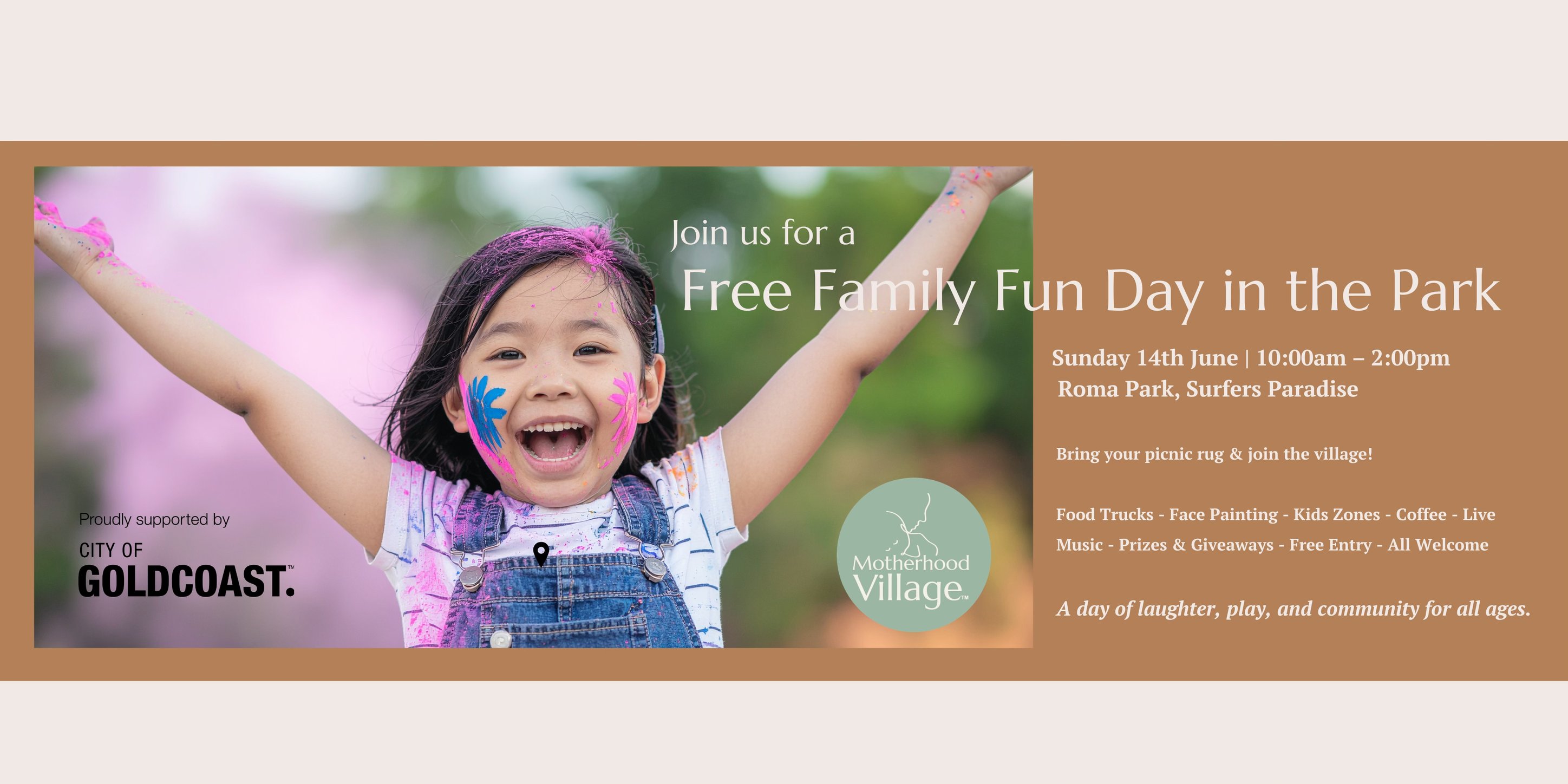 Motherhood Village AU Facebook ad: Family Fun Day - Roma Park, Surfers Paradise