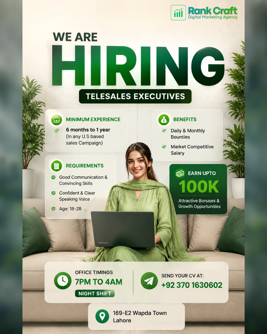 Rank Craft Facebook ad: Rank Craft is hiring experienced Tele Sales Agents in…