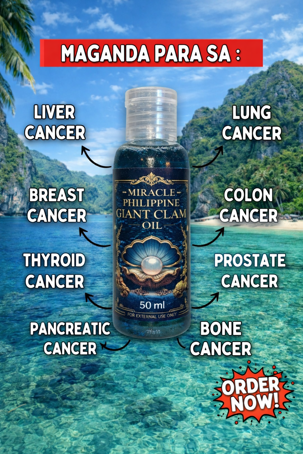 Anti-Bukol Miracle Philippine Giant Clam Oil Facebook ad: Iwasan ang cancer ngayon!