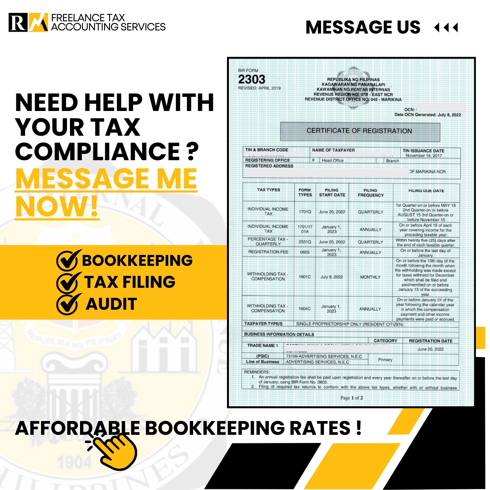 RM Freelance Tax Accounting Services Facebook ad: Ensure regulatory compliance while focusing more on the…