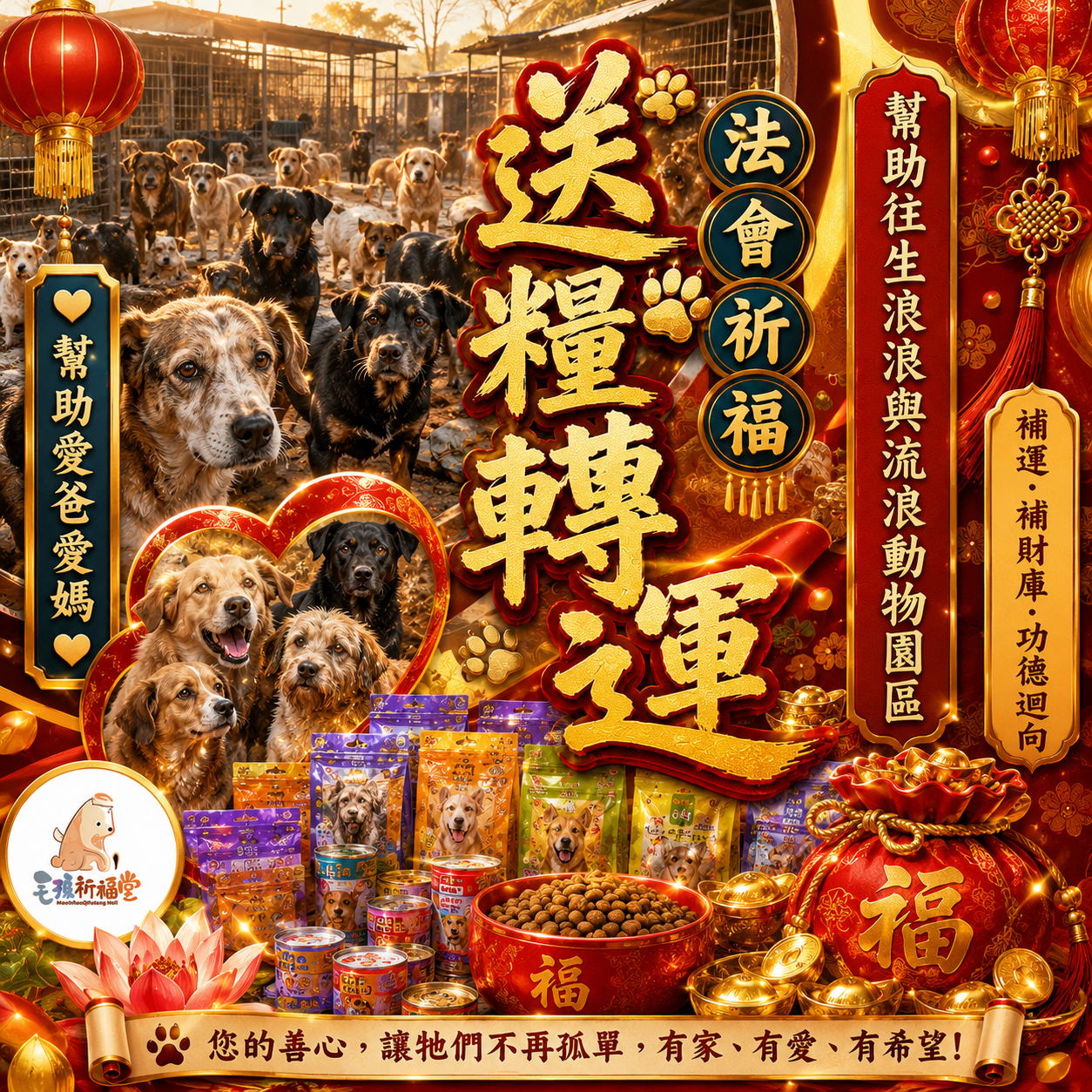 毛孩祈福堂 Facebook ad: 【送糧轉運|幫助浪浪也替自己累積福報】 祈安賜財補財庫法會+毛孩功德迴向
