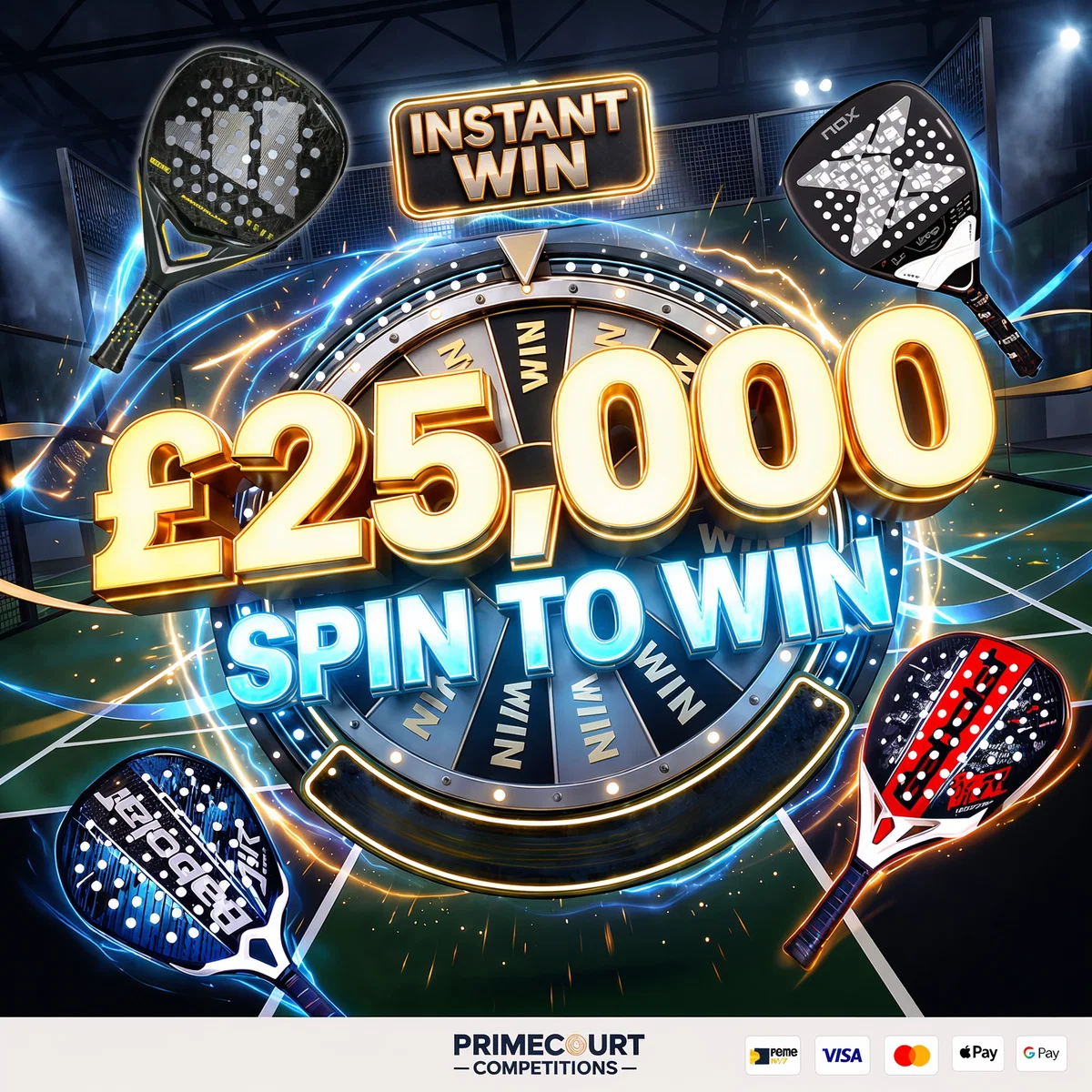 Primecourt Competitions Facebook ad: 𝗖𝗢𝗠𝗣𝗦 𝗘𝗡𝗗𝗜𝗡𝗚 𝗦𝗢𝗢𝗡 WIN THE LATEST PADEL…