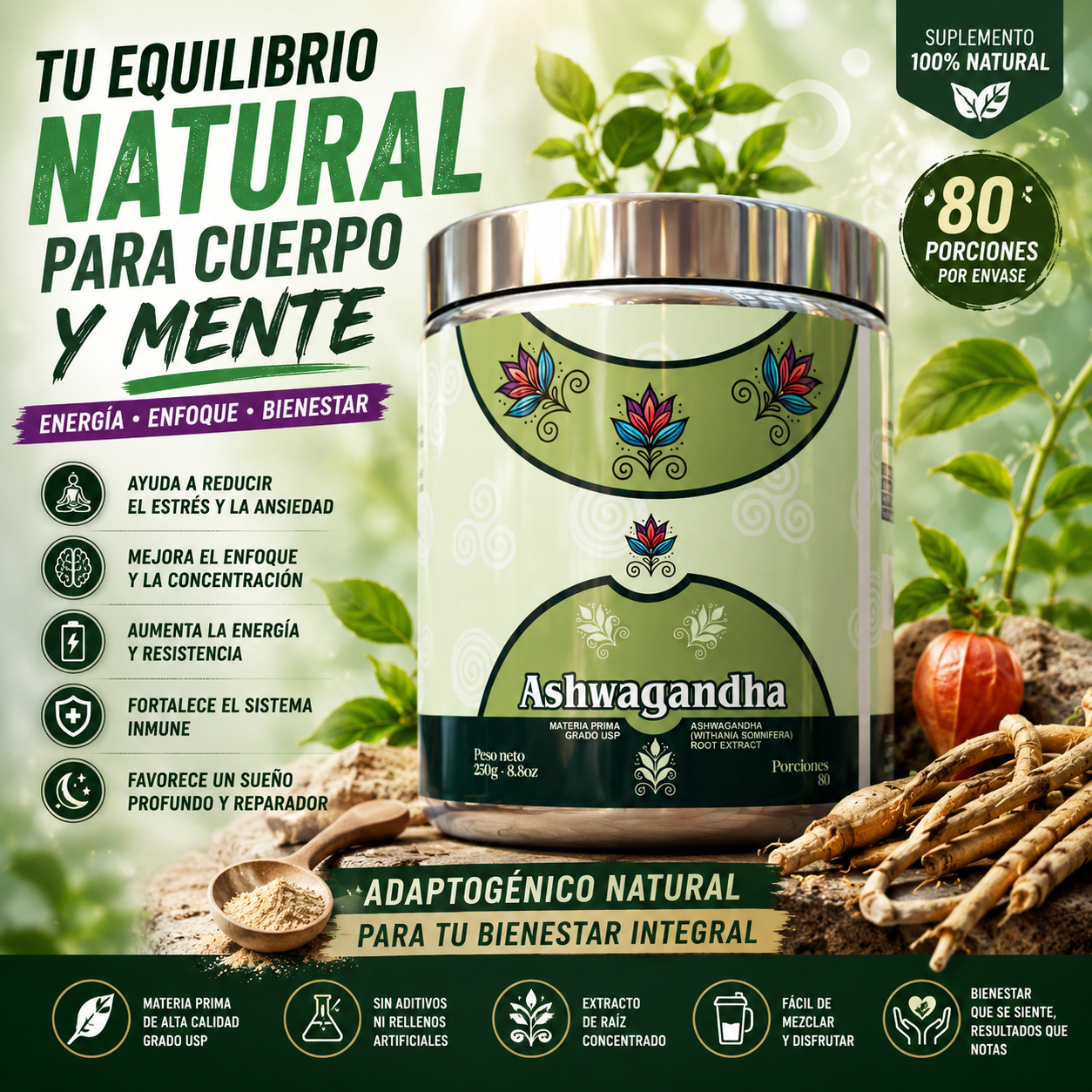 Inter Products Facebook ad: Elige salud, no estrés La Ashwagandha en polvo ayuda a…
