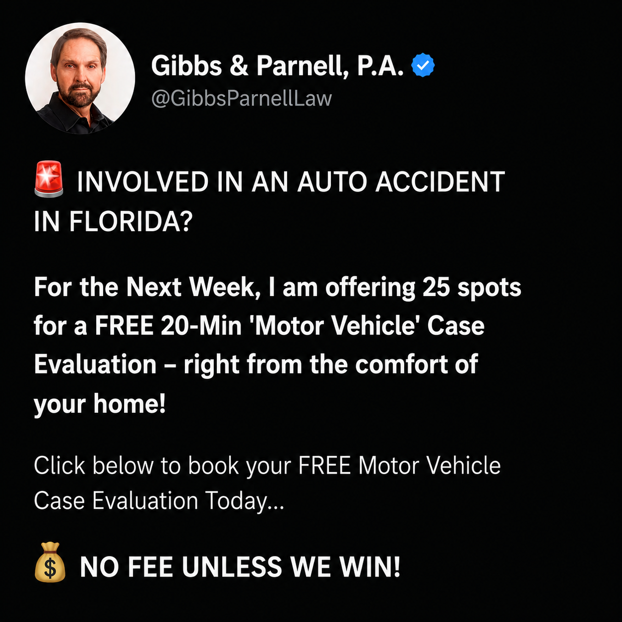Gibbs and Parnell, P.A. Facebook ad: FREE 20-Min Motor Vehicle Accident Case Evaluation