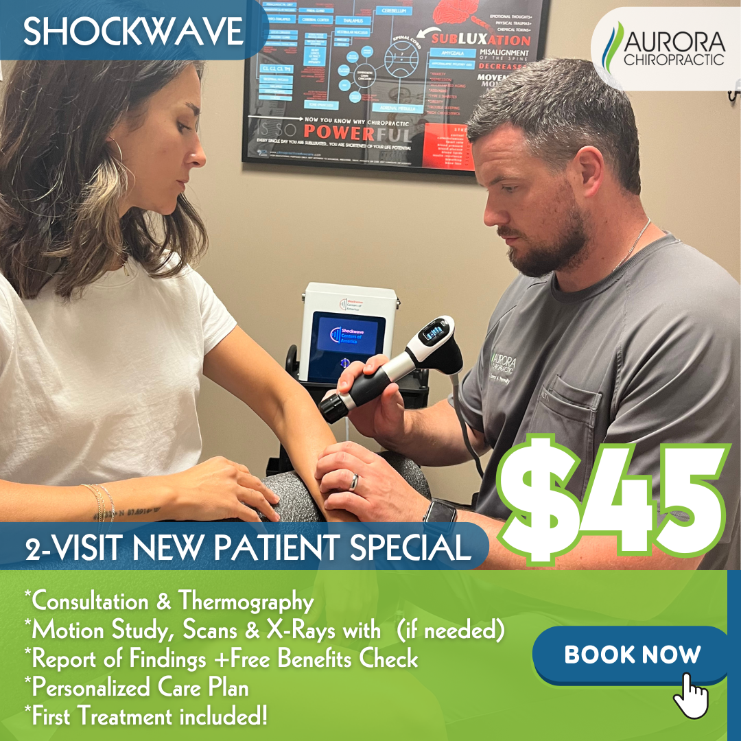Aurora Chiropractic Facebook ad: Try Shockwave Therapy for ONLY 45!