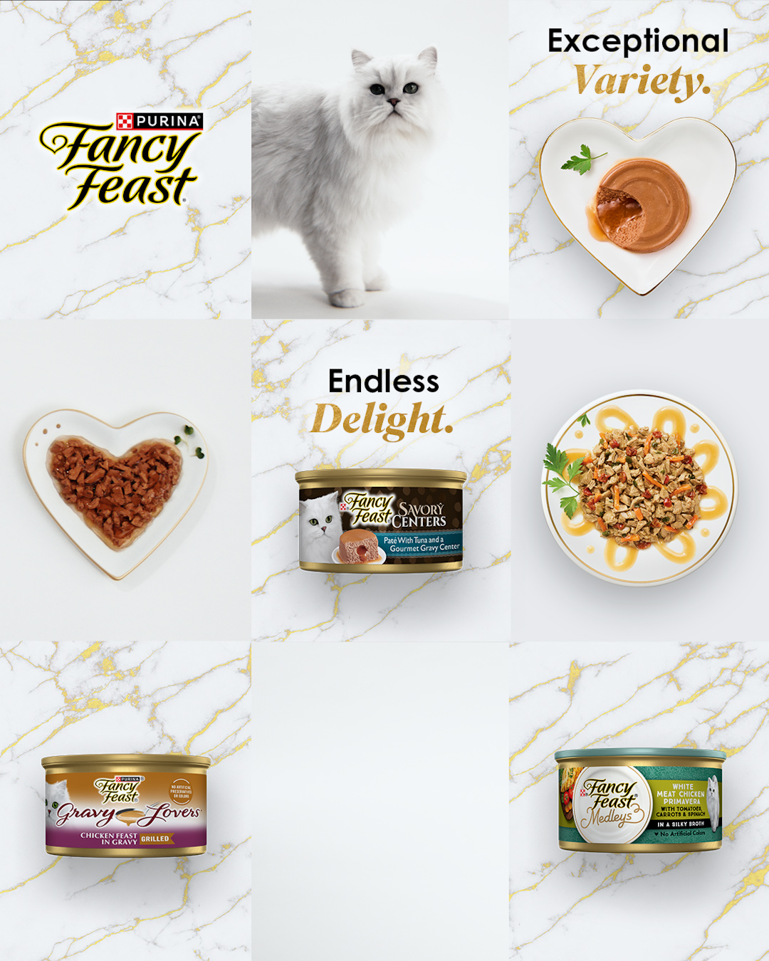 Purina Fancy Feast Facebook ad: Exceptional Variety. Endless Delight.