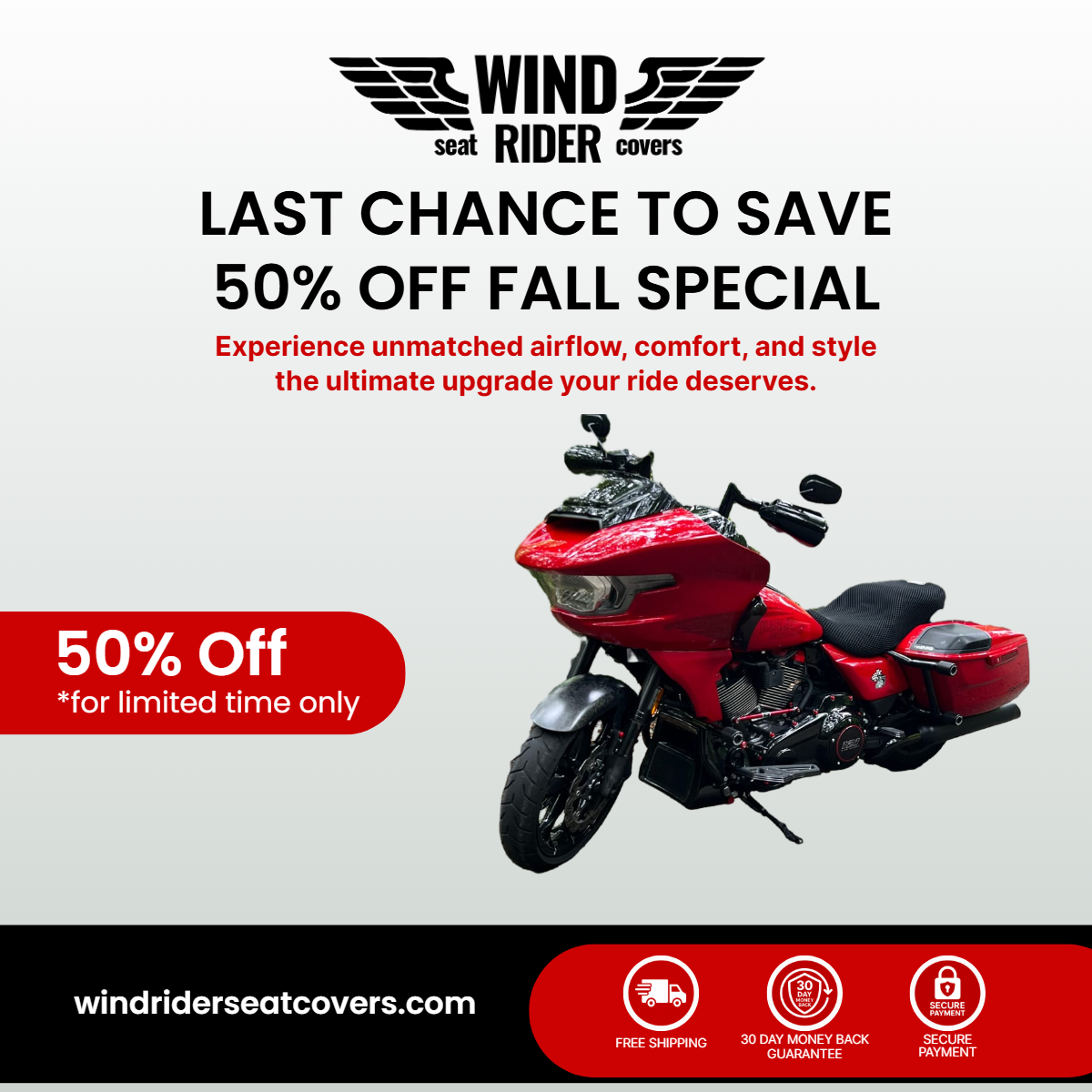 Wind Rider Seat Covers Facebook ad: Cooler Rides Start with Wind Rider, 50% OFF Today!