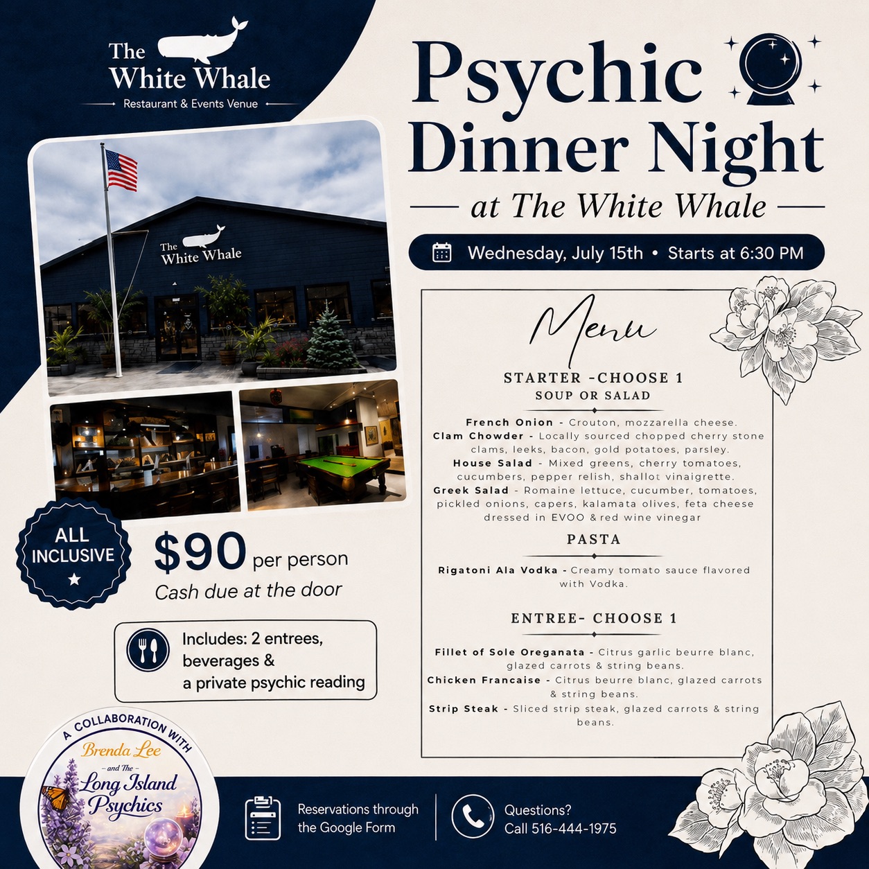 Brenda Lee & The Long Island Psychics Facebook ad: Psychic Dinner Night At The White Whale