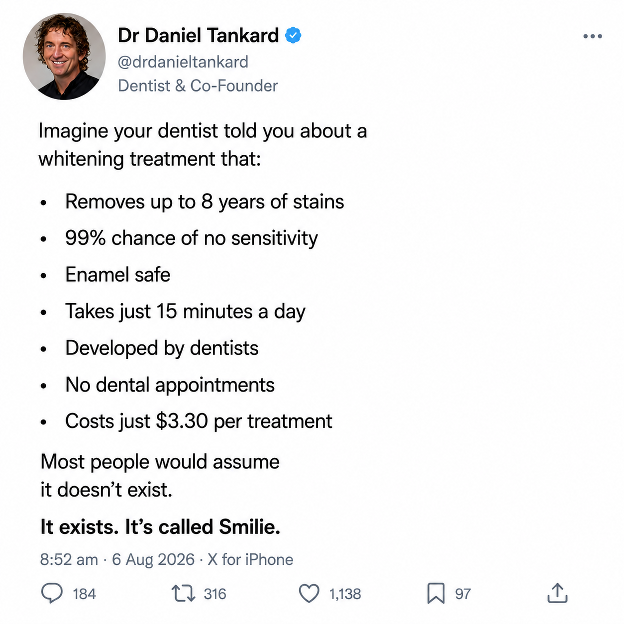 Dr. Daniel Tankard Facebook ad: 99% Experience Zero Sensitivity