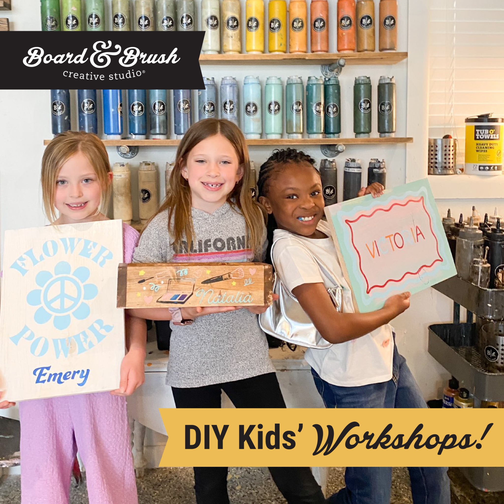 Board & Brush Charlotte, NC Facebook ad: Creative DIY Fun for Kids!