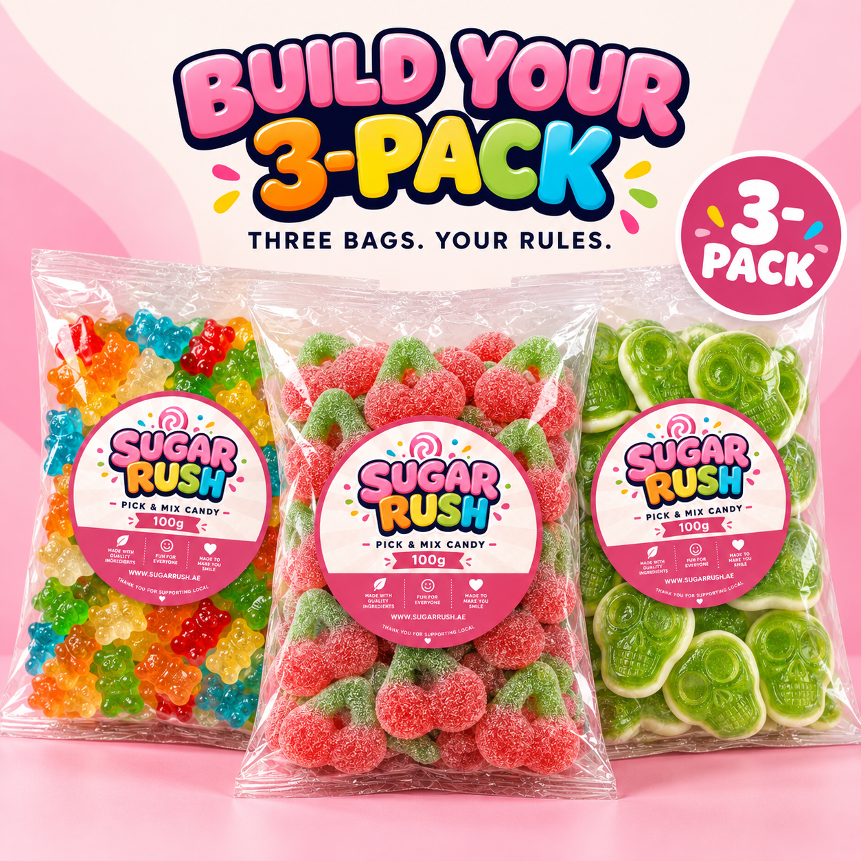 Sugar Rush UAE Facebook ad: Shop 3-Pack Sweet Bundles