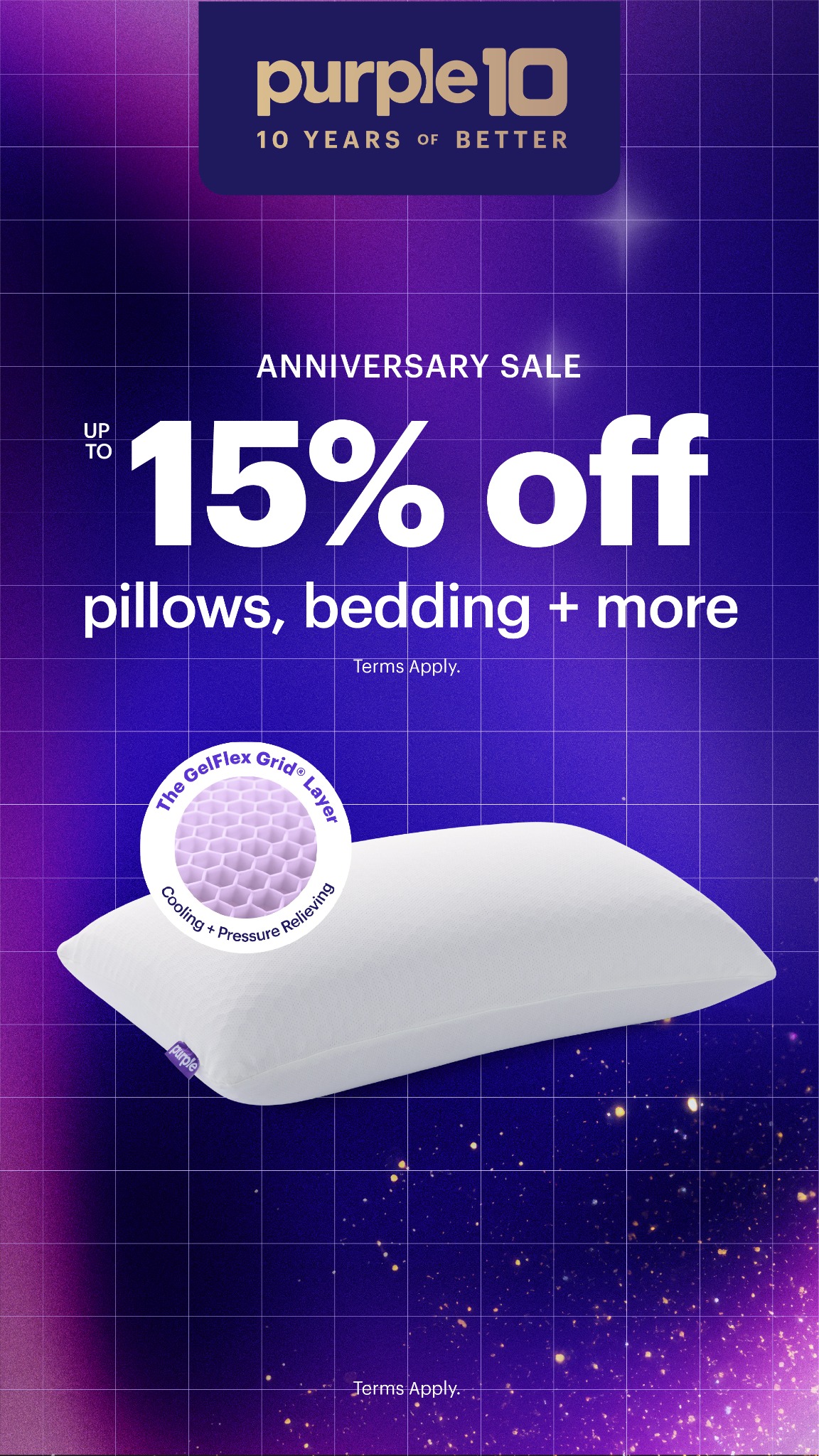 Purple Facebook ad: Up to 15% off pillows + more