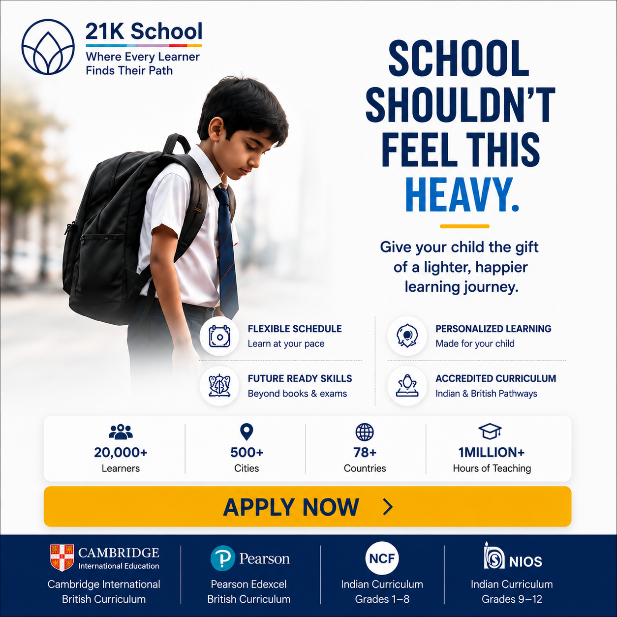 21K School Facebook ad: School Shouldn't Feel This Heavy. Give Your Child…