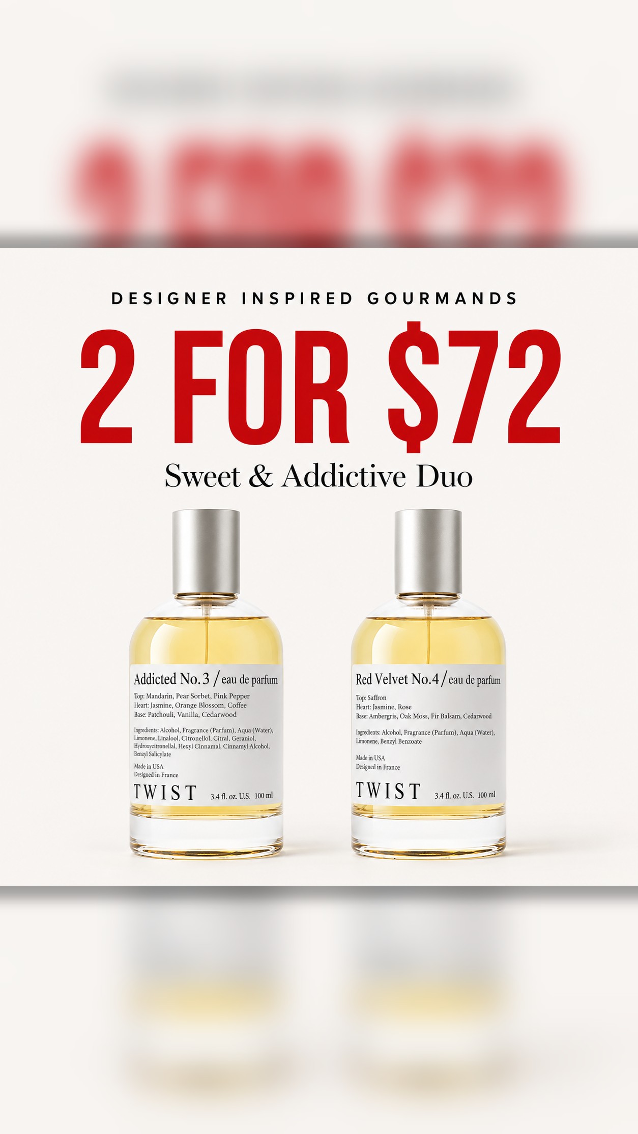 Twist Perfumes Facebook ad: 2 Designer-Inspired Scents for $72