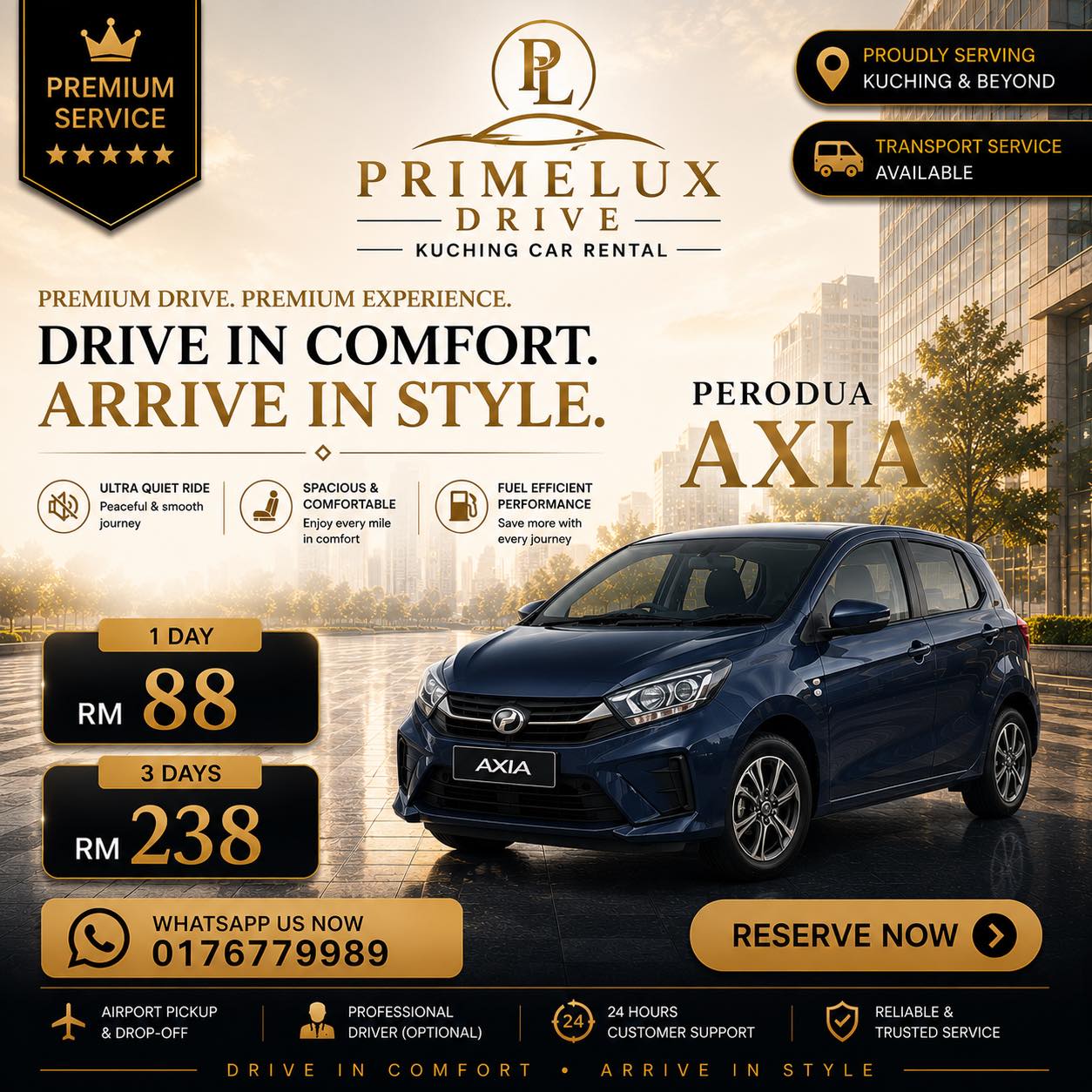 PrimeLux Drive Kuching Car Rental Facebook ad: 震惊 在古晋租车,一天竟然只要 RM88 起?!