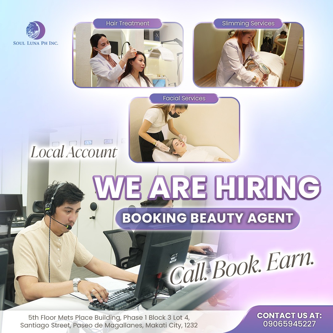 Soulluna PH Recruitment Facebook ad: Call. Book. Earn. Start Your Beauty Career Today