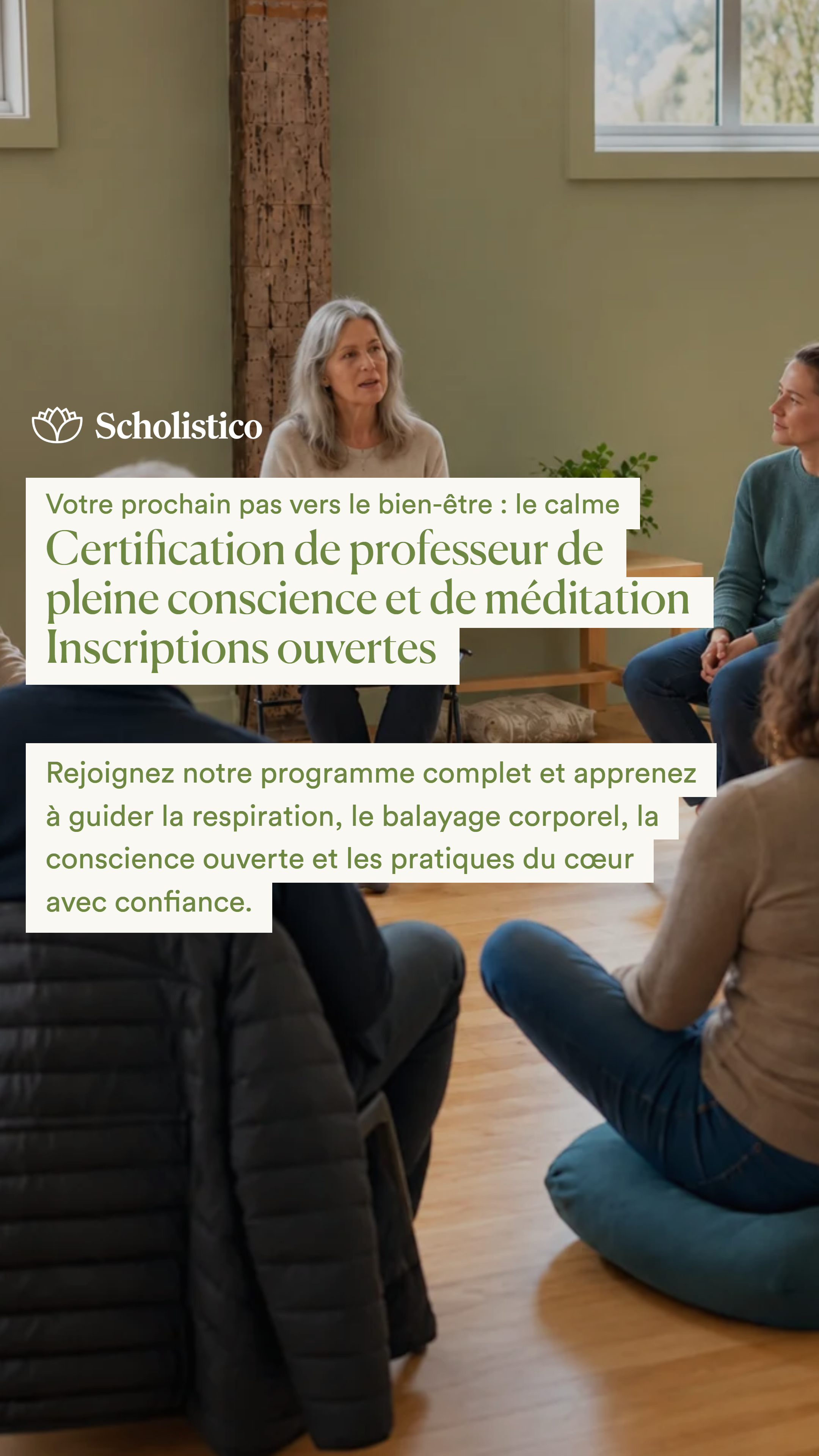 Scholistico en Français Facebook ad: Devenez professeur de pleine conscience et de méditation