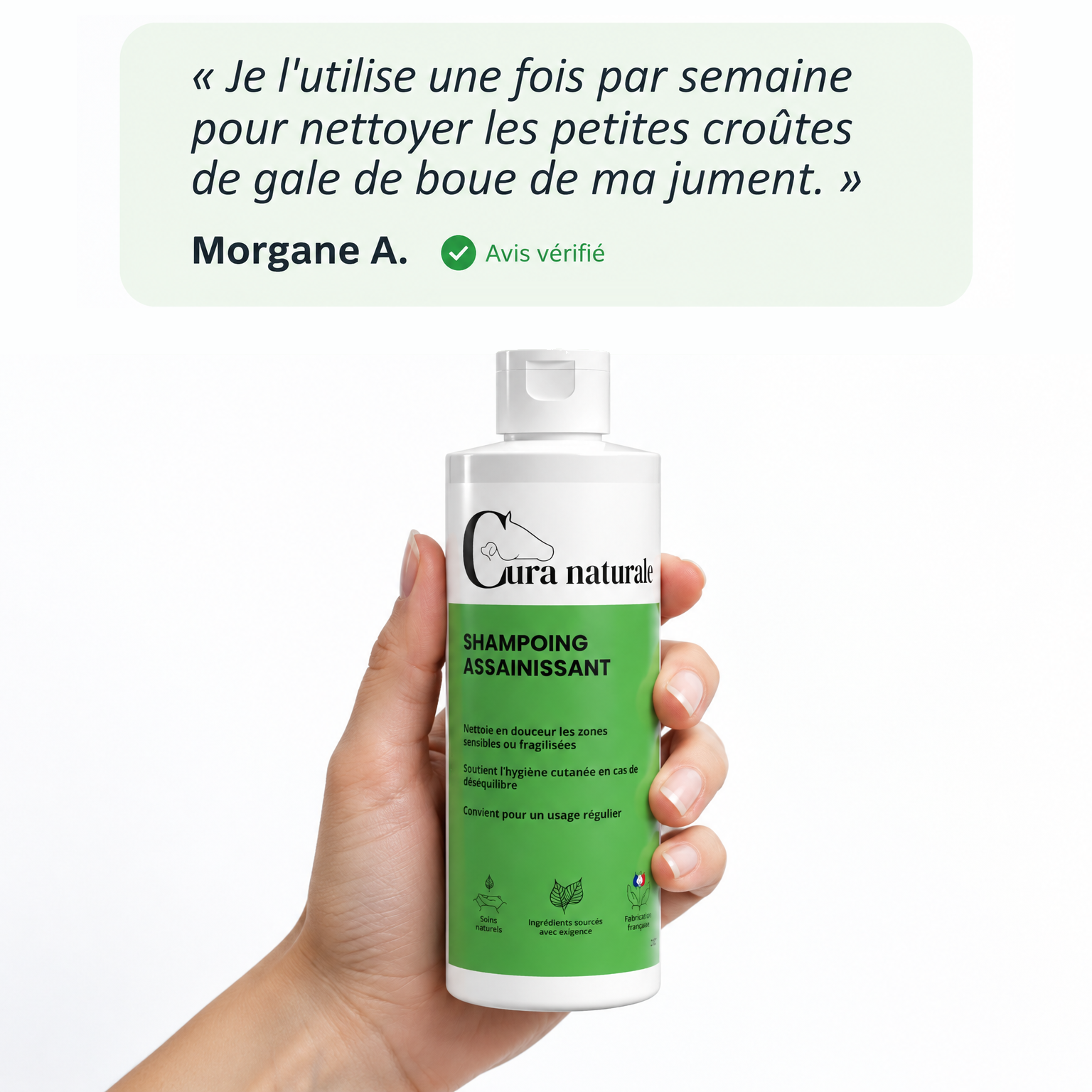 Cura naturale Facebook ad: Shampoing assainissant pour cheval · Note 4,9/5