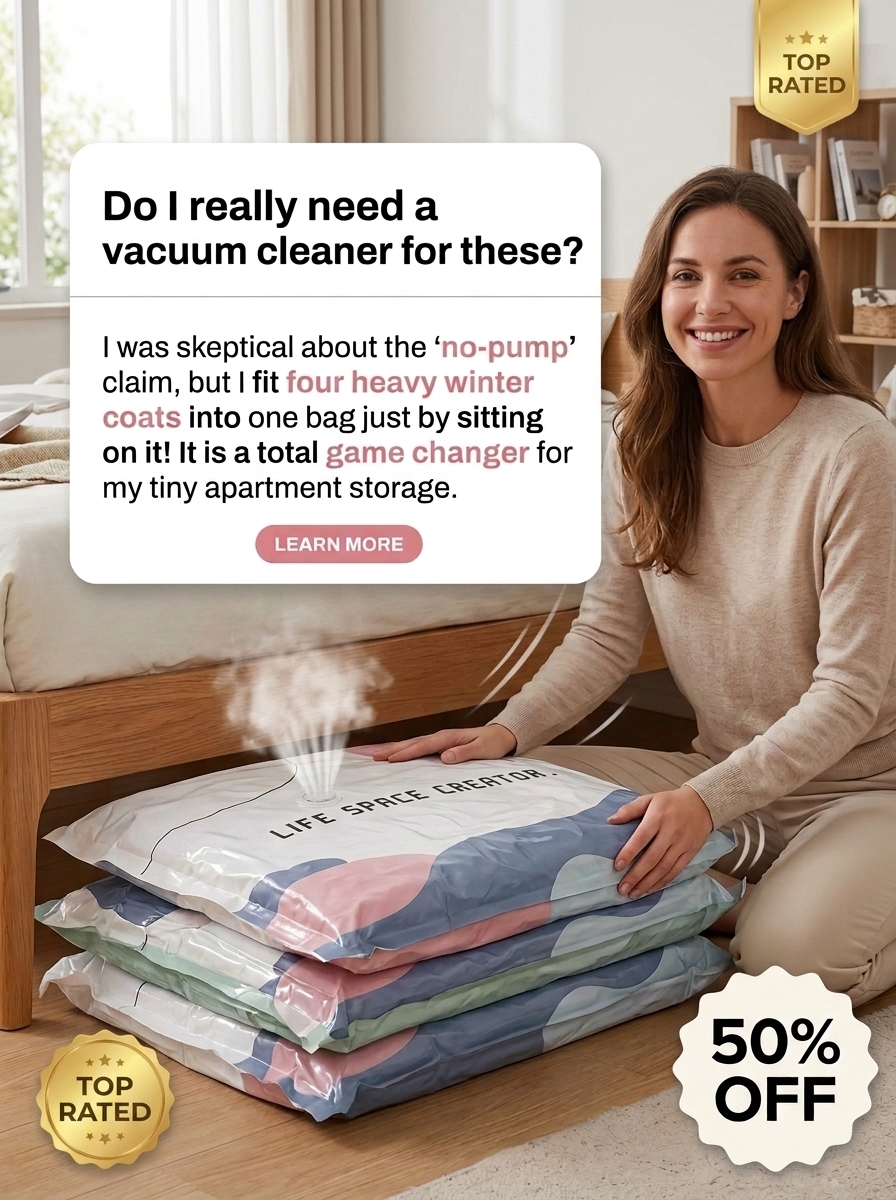 Rowgins3 Facebook ad: No-Pump Vacuum Storage Compression Bags