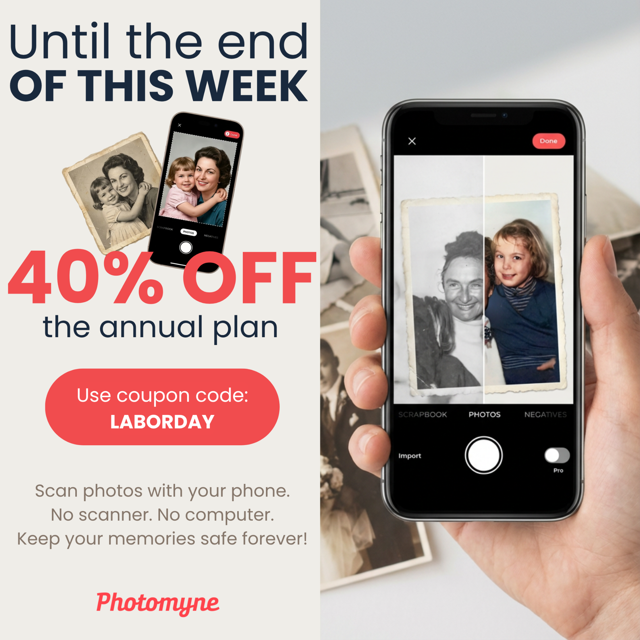Photomyne Facebook ad: 40% Off Photomyne Yearly | Code: LABORDAY