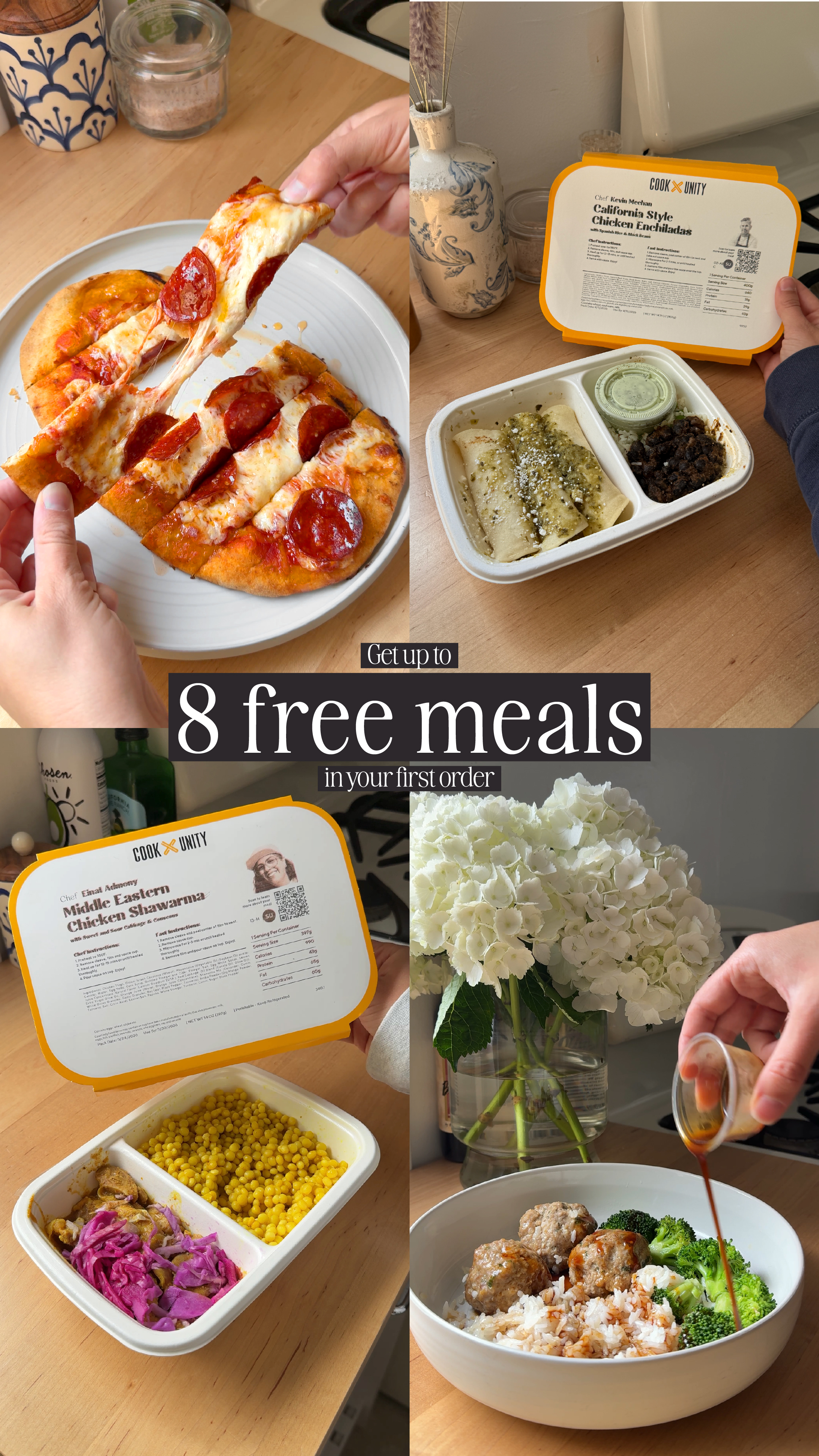 CookUnity Facebook ad: Click Here to Get Up To 8 Free Meals!