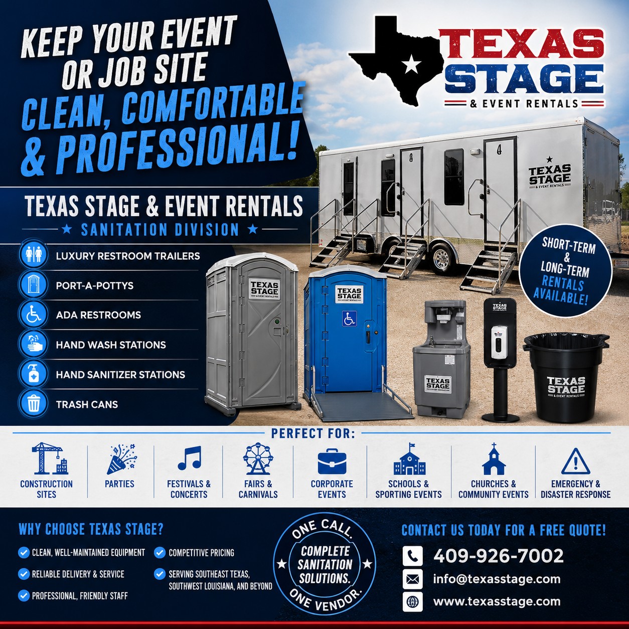 Texas Stage Facebook ad: **KEEP YOUR EVENT OR JOB SITE CLEAN, COMFORTABLE…
