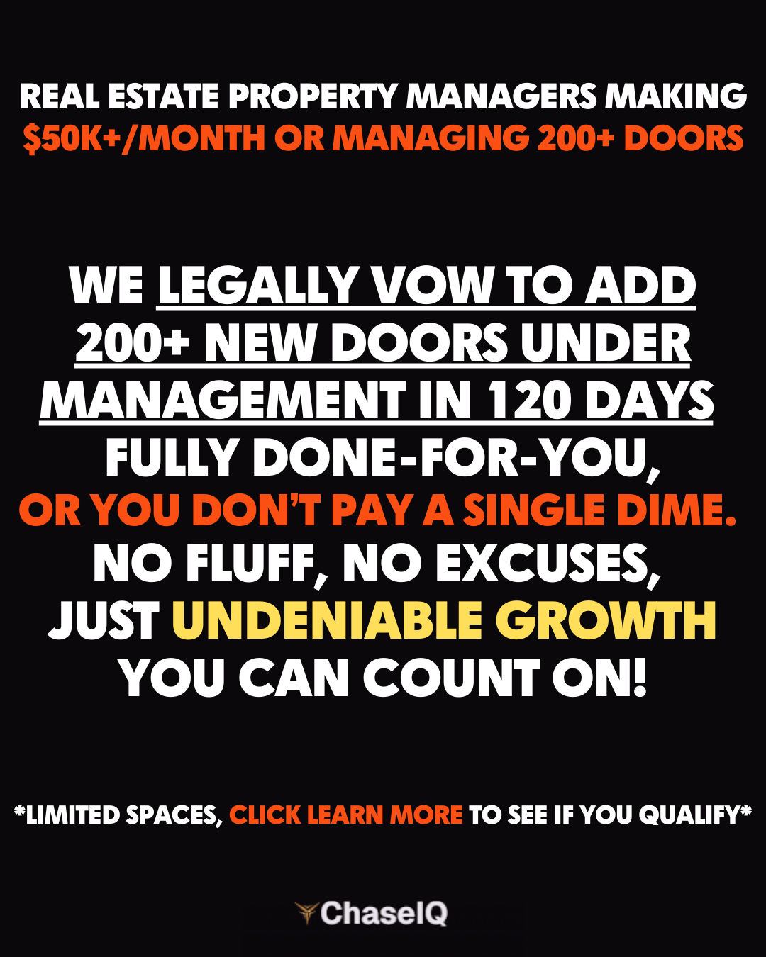 Chaseiq Facebook ad: Property Managers: 200+ Doors in 120 Days, Guaranteed